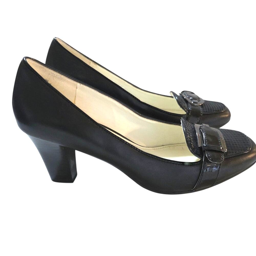 Anne Klein iFlex Fabrice Houndstooth Buckle Top Mid Heel Leather Pumps Sz 7.5